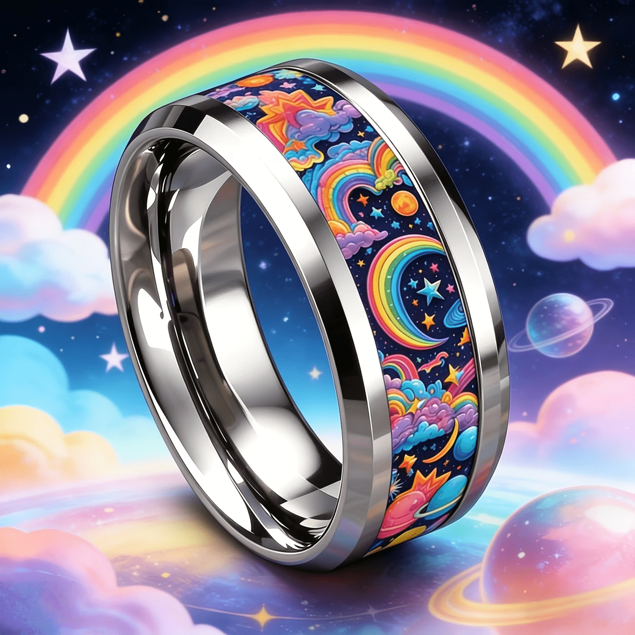 Rainbow Starry Sky Planet Cloud 316 Stainless Steel Ring